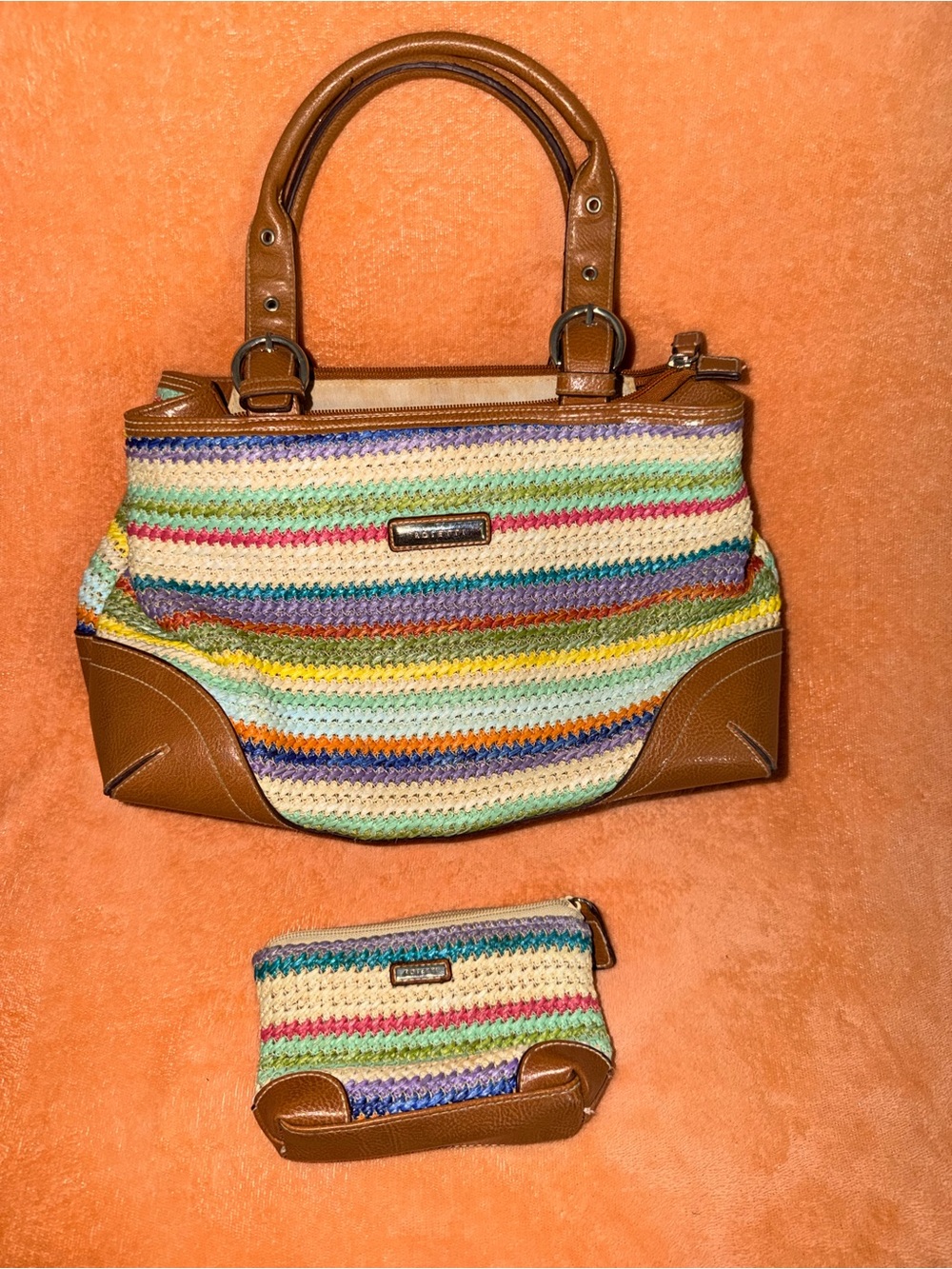 Rosetti Boho Rainbow Woven Straw Shoulder Bag 2 Pc Set
